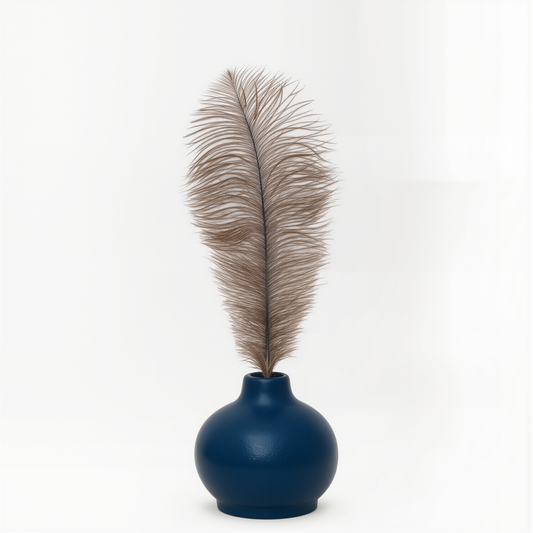Elegant Ceramic Vase with Real Ostrich Feathers – Handmade Pottery Centerpiece for Home Décor – Natural Rustic Farmhouse Decorative Vase - Luxury Alternative to Roses & Artificial Flowers (Navy Blue)