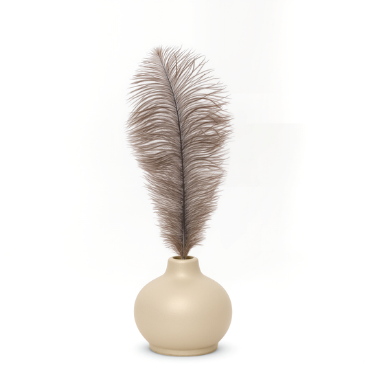 Elegant Ceramic Vase with Real Ostrich Feathers – Handmade Pottery Centerpiece for Home Décor – Natural Rustic Farmhouse Decorative Vase - Luxury Alternative to Roses & Artificial Flowers (Beige)