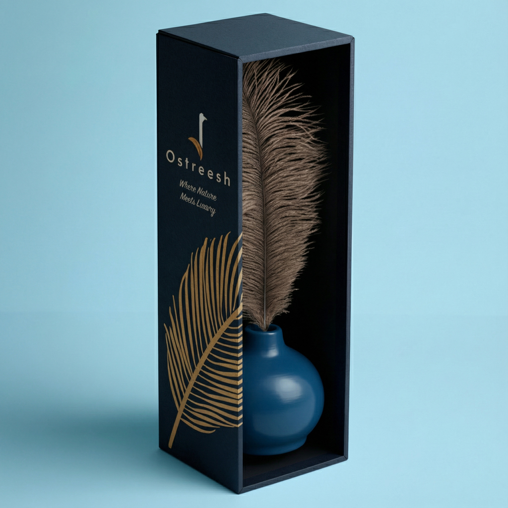 Navy Blue Ceramic Vase with Ostrich Plume