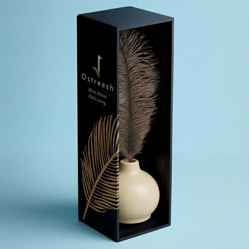 Beige Ceramic Vase with Ostrich Plume