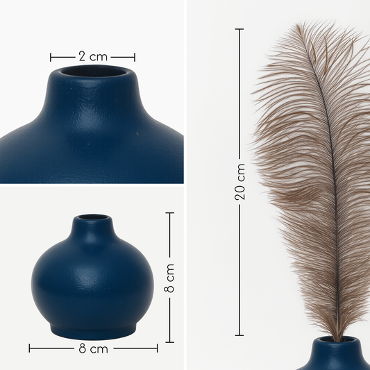 Elegant Ceramic Vase with Real Ostrich Feathers – Handmade Pottery Centerpiece for Home Décor – Natural Rustic Farmhouse Decorative Vase - Luxury Alternative to Roses & Artificial Flowers (Navy Blue)