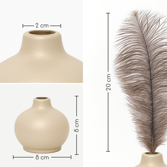 Elegant Ceramic Vase with Real Ostrich Feathers – Handmade Pottery Centerpiece for Home Décor – Natural Rustic Farmhouse Decorative Vase - Luxury Alternative to Roses & Artificial Flowers (Beige)