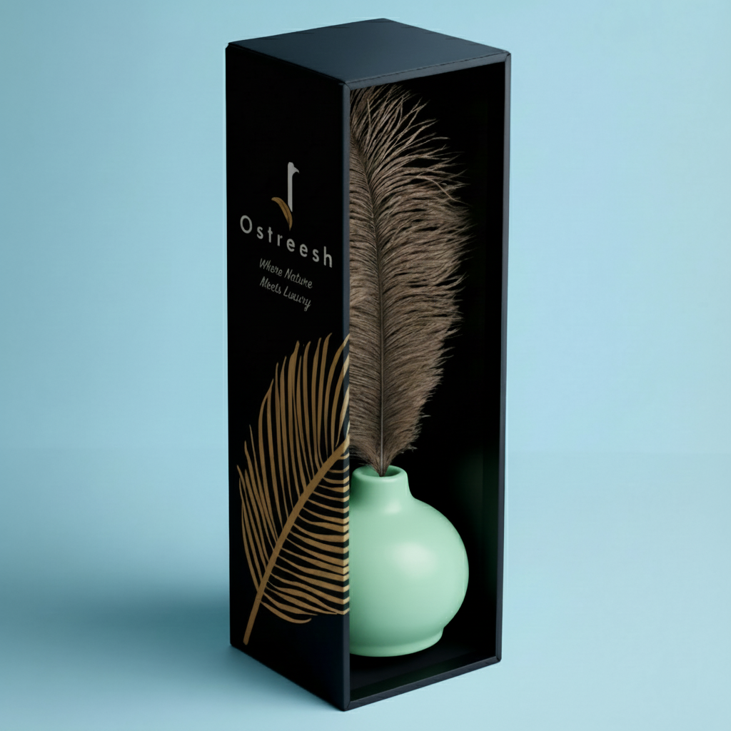 Mint Green Ceramic Vase with Ostrich Plume
